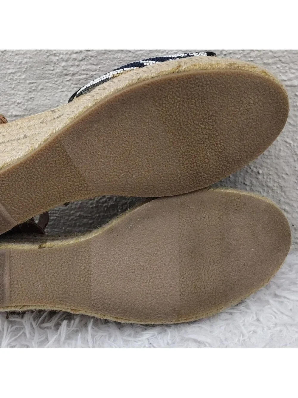 Soludos Tan Blue Embroidered Open Toe Wedged Heel Ankle Strap Espadrille Sandal
